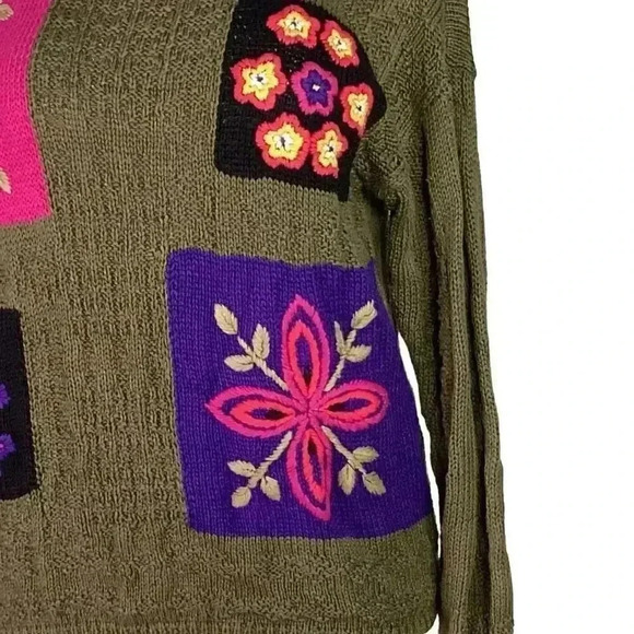 Vintage 80s Sweater Womens L Green Multi Floral Embroidered Long Sleeves Chunky - Picture 3 of 8